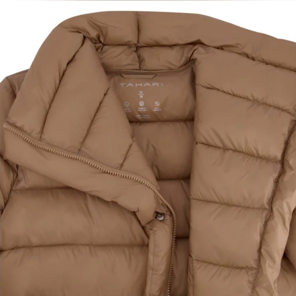 TAHARI Women's L (10) Asymmetrical Quilted Puffer Jacket Packable Caramel NWT